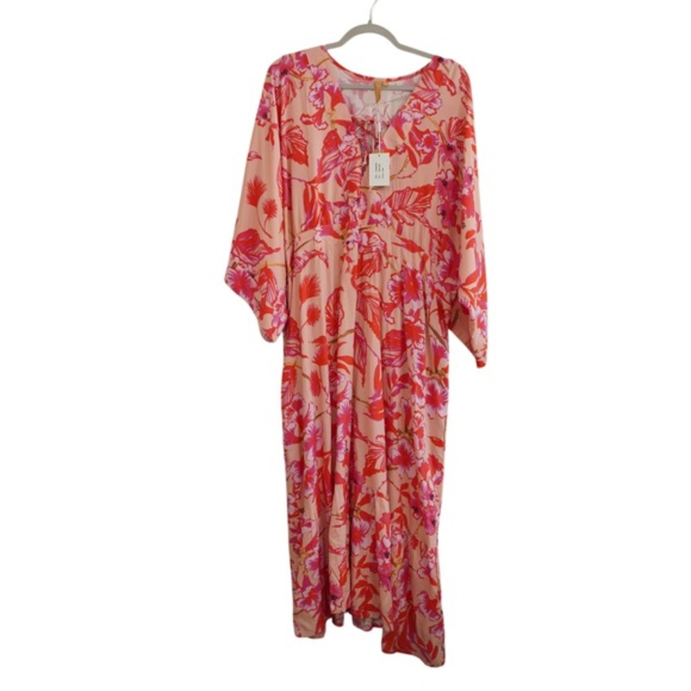Onshore Pink Floral V-Neck Flowy Maxi Dress Kaftan Resort Pool Vacation One Size